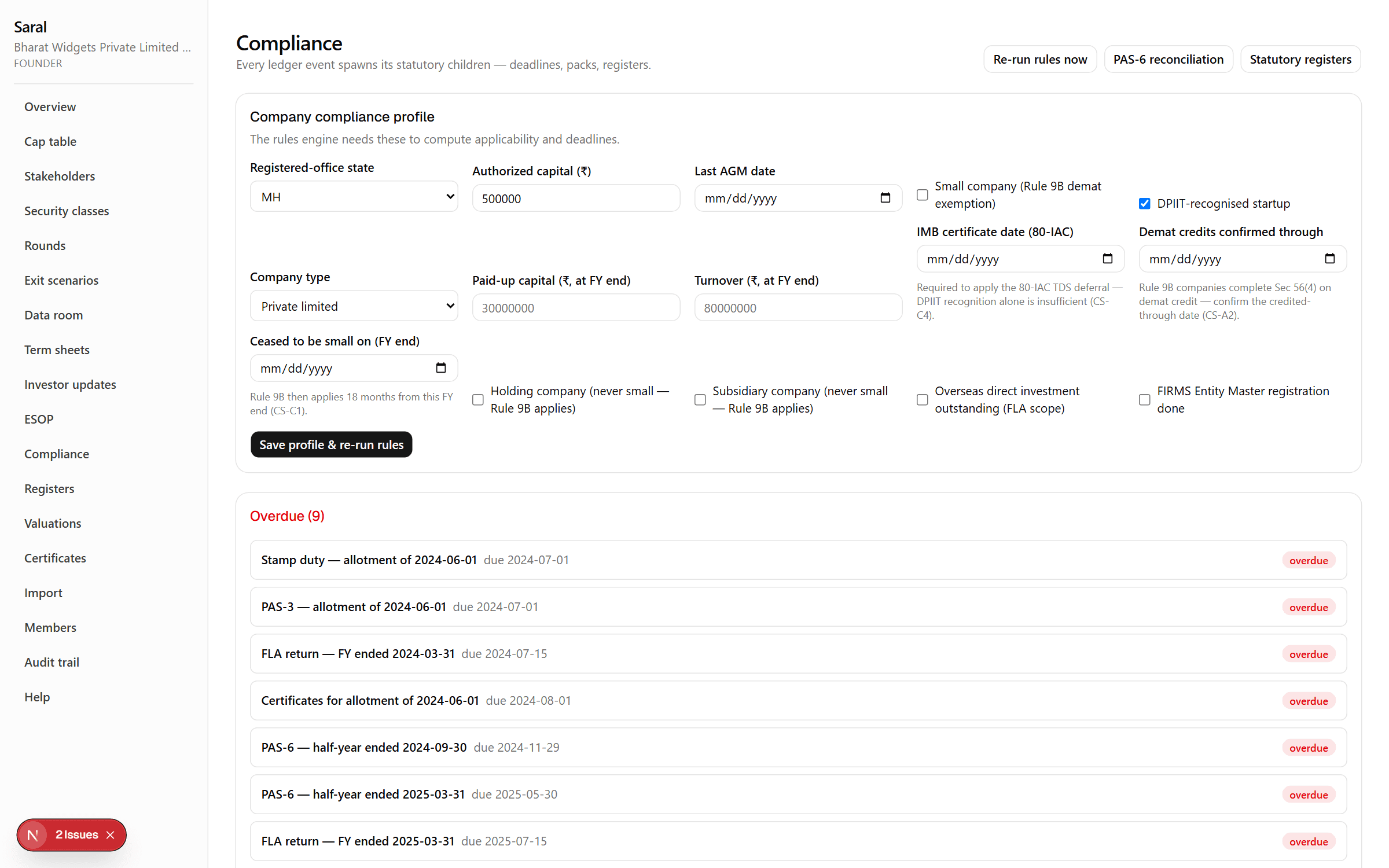 The demo company’s compliance dashboard: deadlines with their legal basis, packs attached.